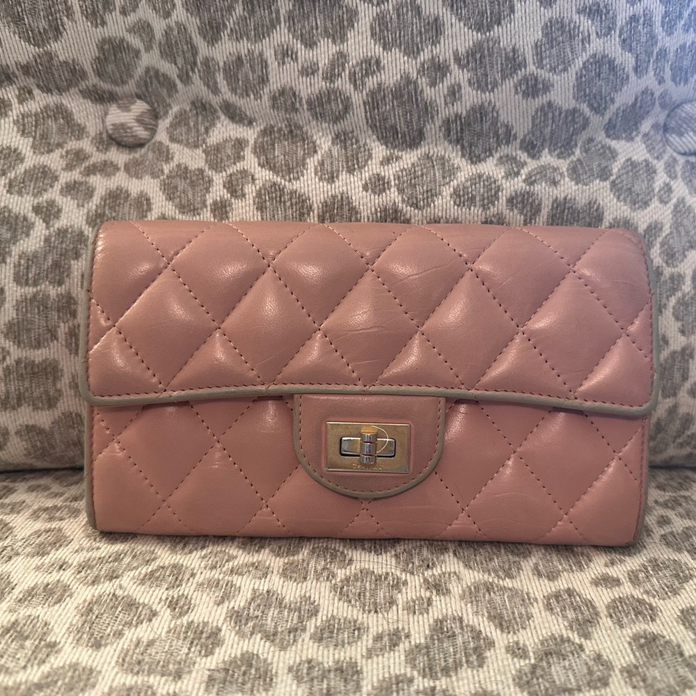 Vintage Chanel Calfskin Quilted Pink Wallet with Crossbody Chain